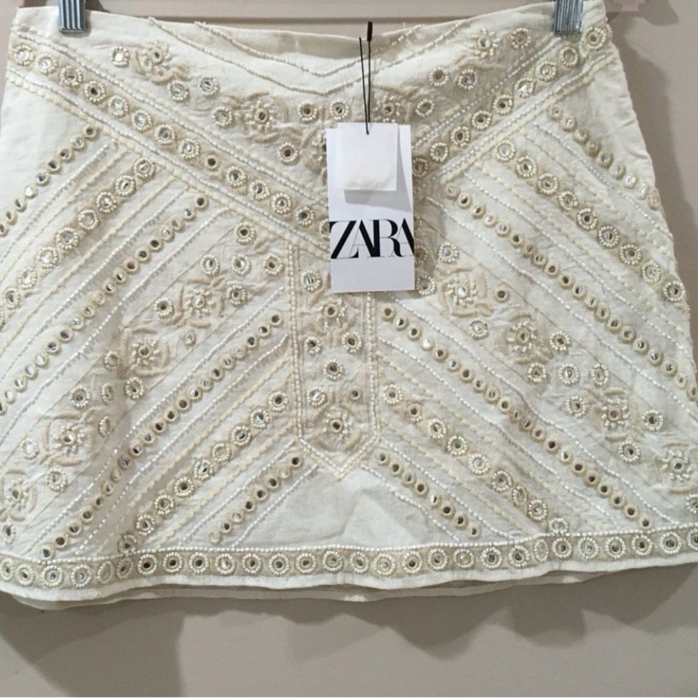 Zara Cream Beaded Eyelet Embellished Mini Skirt